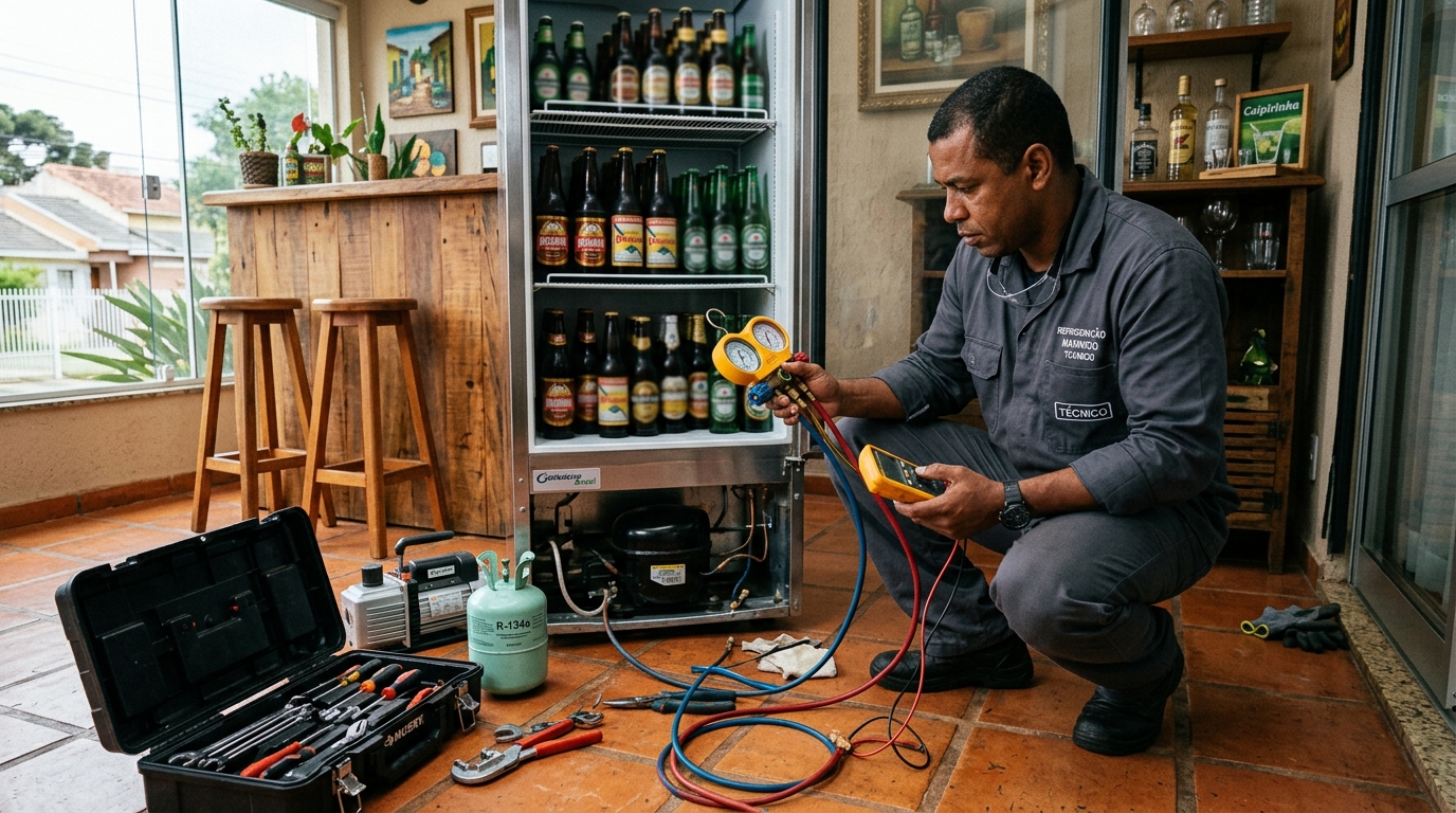 Técnico realizando manutenção de motor de cervejeira em Canoas‑RS