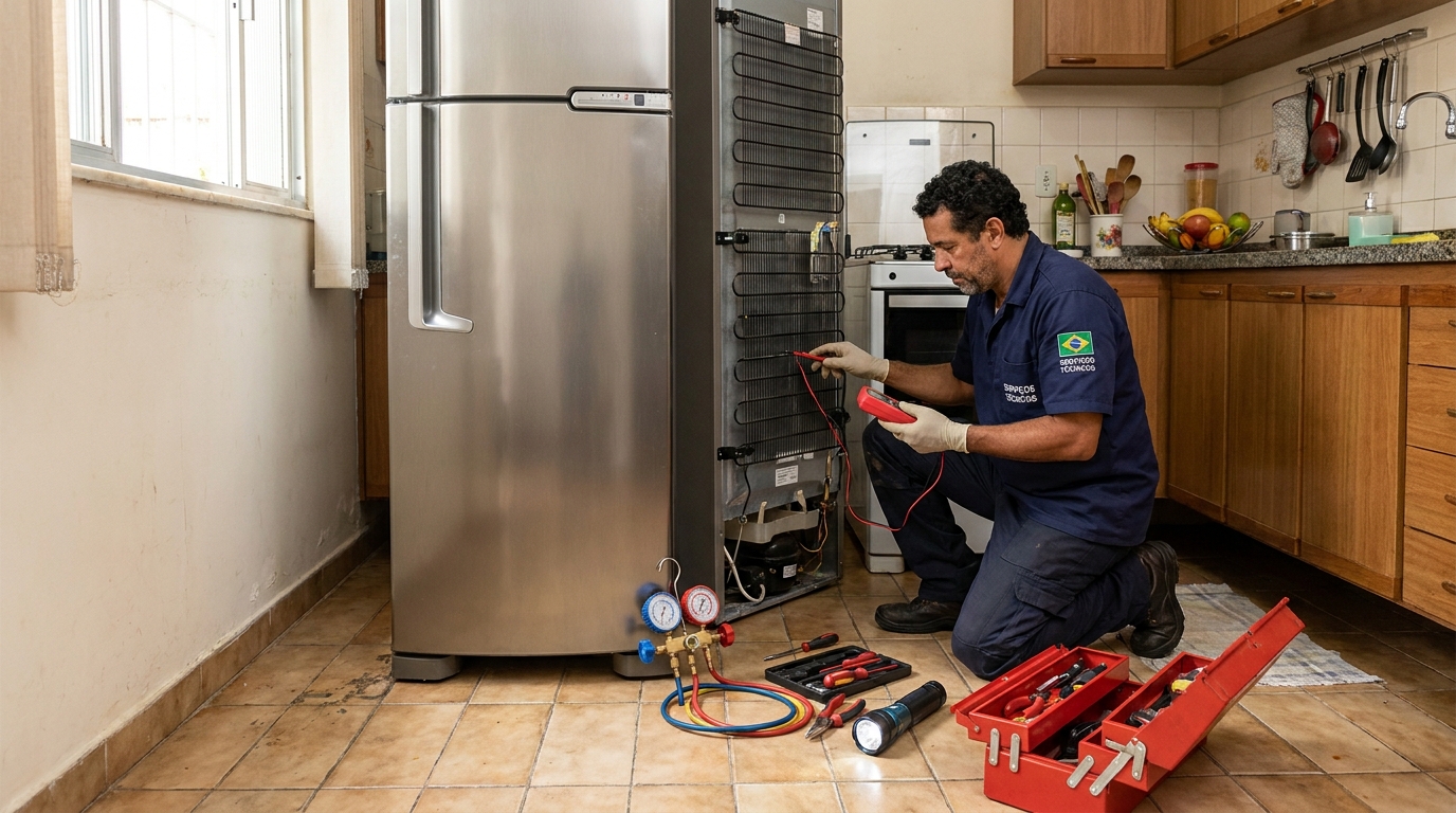 Técnico realizando manutenção de motor de geladeira em Canoas‑RS
