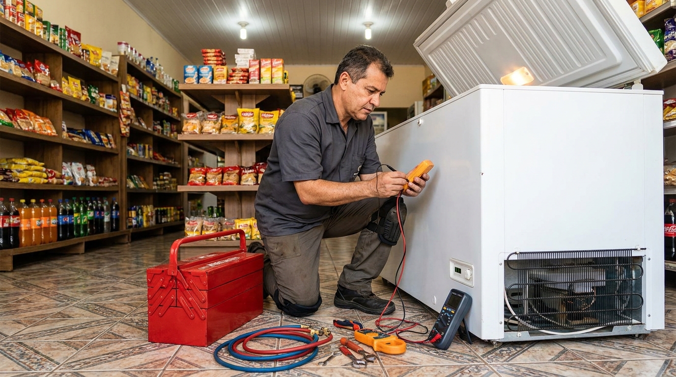 Recarga de gás refrigerante em freezer em atendimento em Canoas‑RS